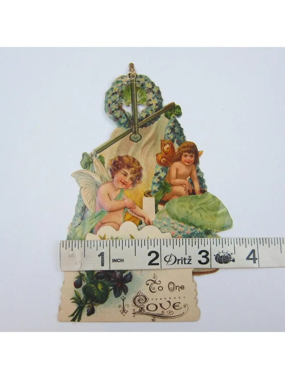 Vintage Valentine 3D Pop Up Die Cut Angel Boy Cupid Wings Scale Blue Flowers